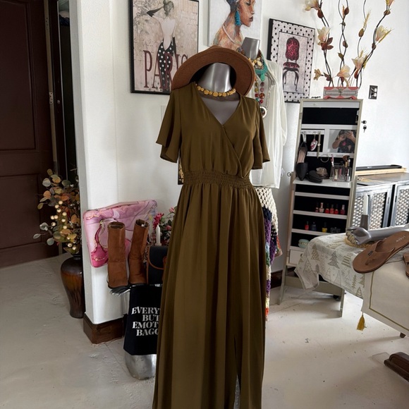 Olive V-Neck Smocked-Waist Maxi Dress - Picture 3 of 10